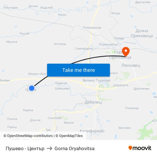 Пушево - Център / Pushevo - Centre to Gorna Oryahovitsa map