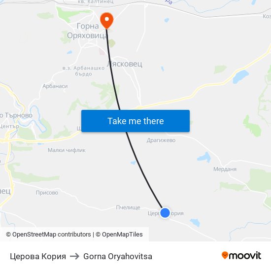 Церова Кория / Tserova Koriya to Gorna Oryahovitsa map