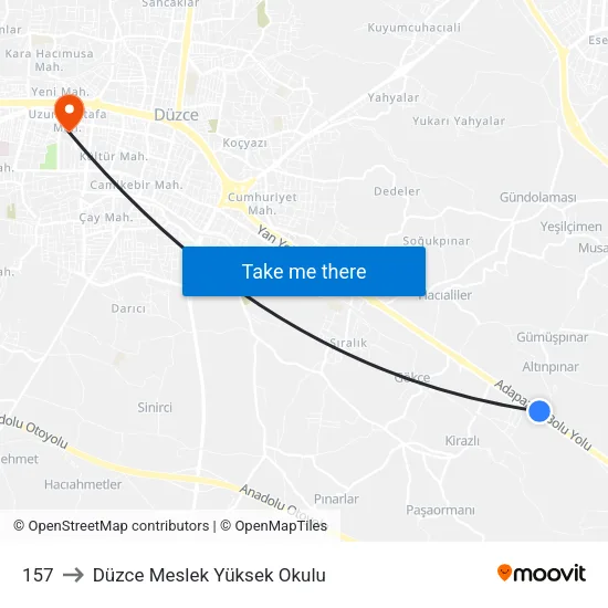 157 to Düzce Meslek Yüksek Okulu map