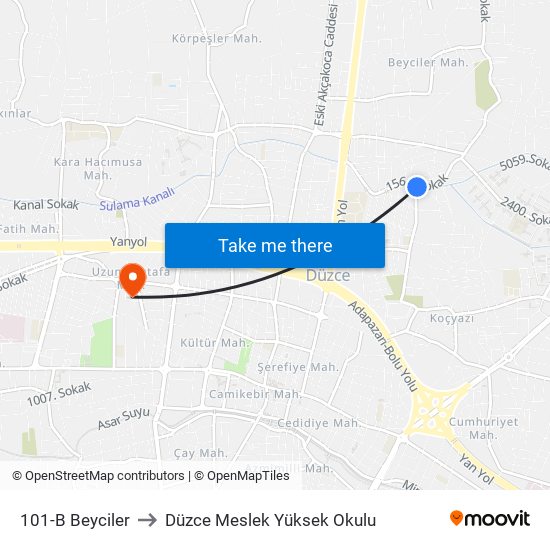 101-B Beyciler to Düzce Meslek Yüksek Okulu map