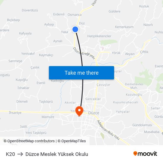 K20 to Düzce Meslek Yüksek Okulu map