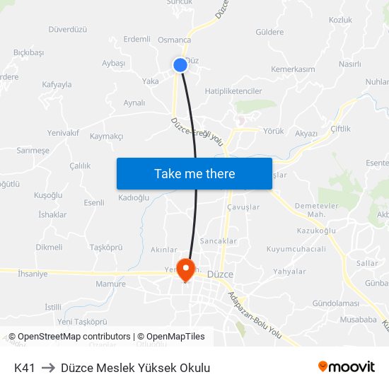 K41 to Düzce Meslek Yüksek Okulu map