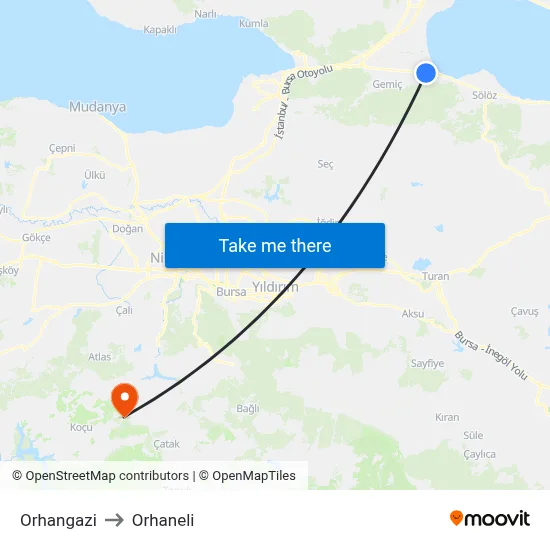 Orhangazi to Orhaneli map
