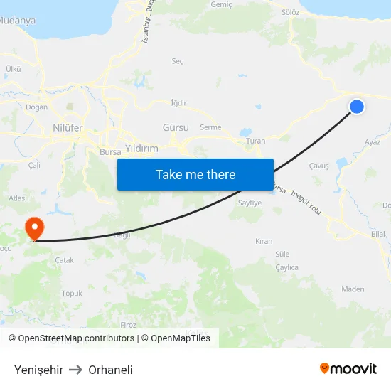 Yenişehir to Orhaneli map
