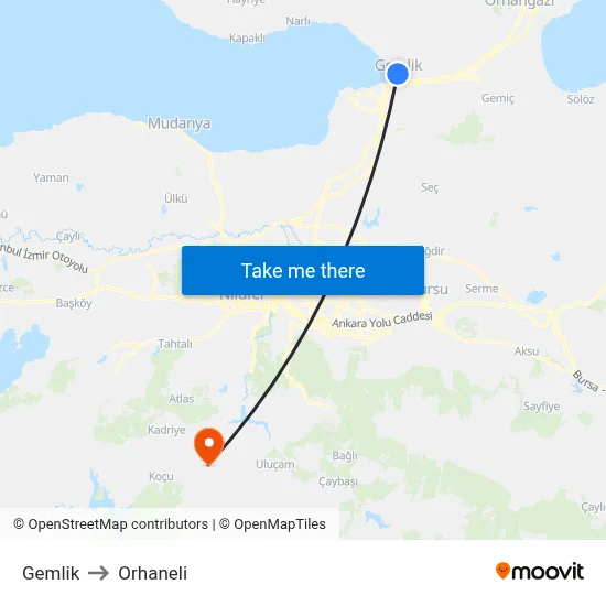 Gemlik to Orhaneli map