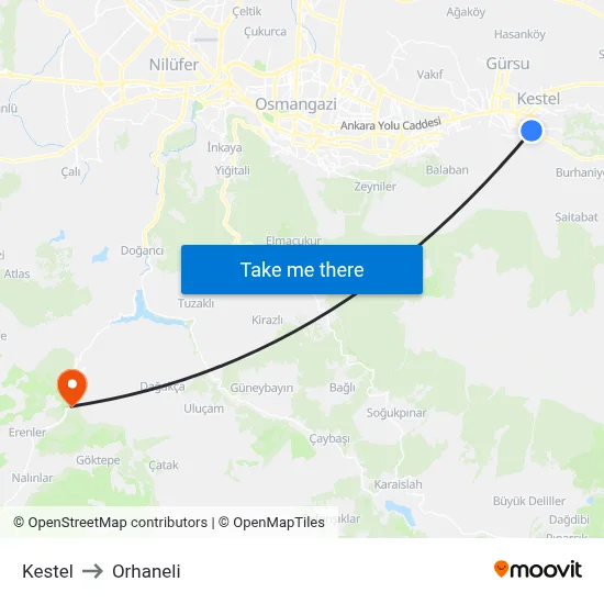 Kestel to Orhaneli map