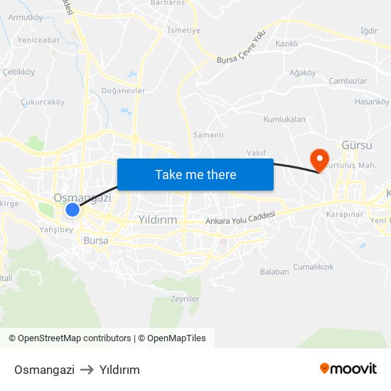 Osmangazi to Yıldırım map