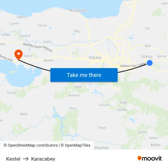 Kestel to Karacabey map