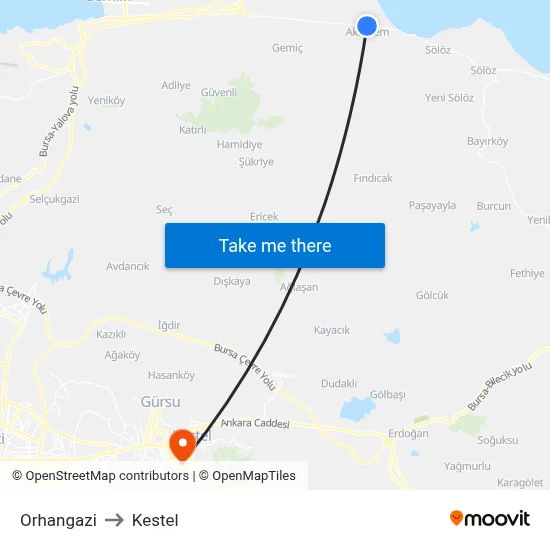 Orhangazi to Kestel map