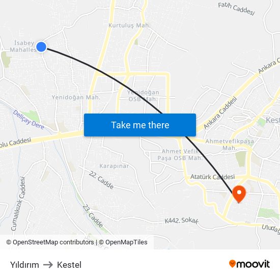Yıldırım to Kestel map