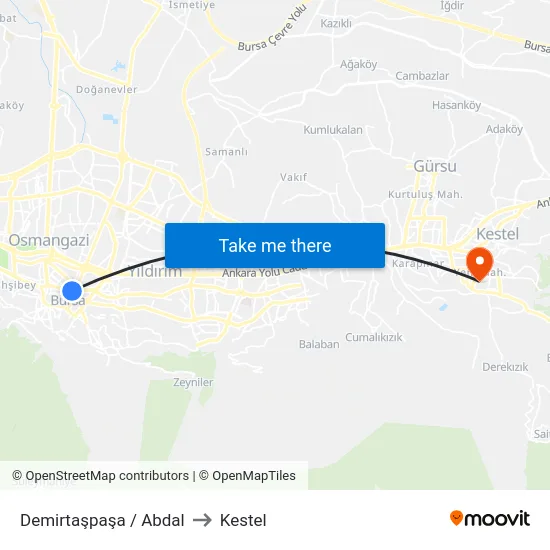 Demirtaşpaşa / Abdal to Kestel map