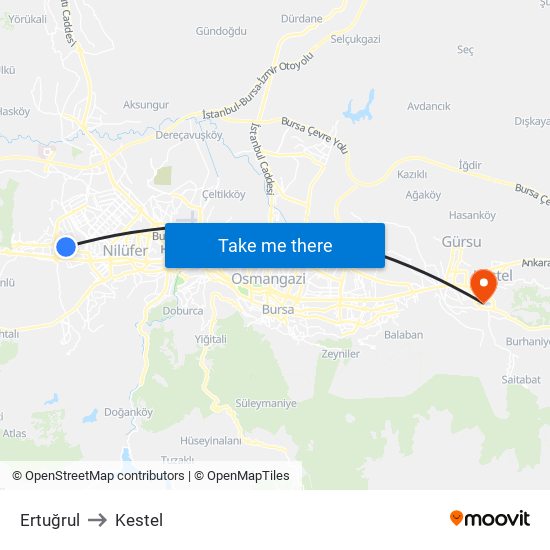 Ertuğrul to Kestel map