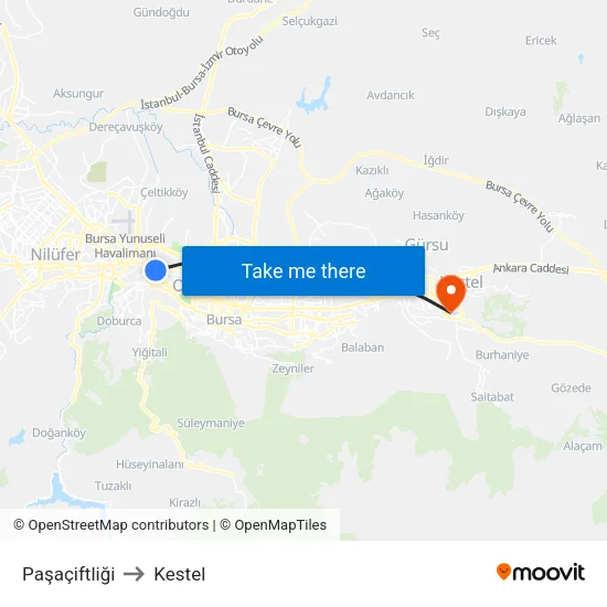 Paşaçiftliği to Kestel map