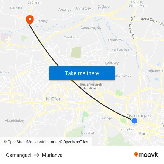 Osmangazi to Mudanya map