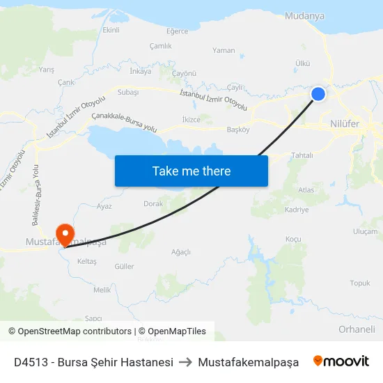 D4513 - Bursa Şehir Hastanesi to Mustafakemalpaşa map