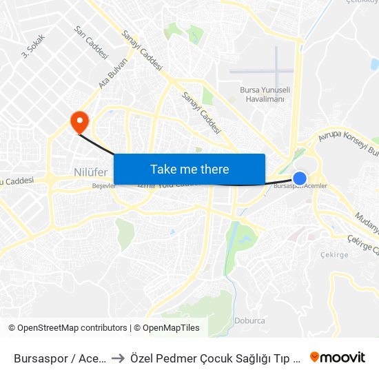 Bursaspor / Acemler to Özel Pedmer Çocuk Sağlığı Tıp Merkezi map