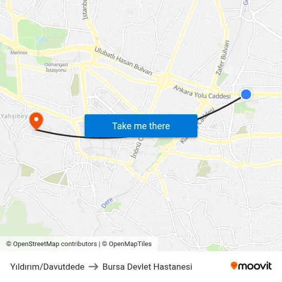 Yıldırım/Davutdede to Bursa Devlet Hastanesi map