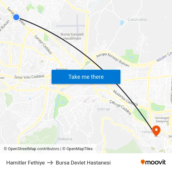 Hamitler Fethiye to Bursa Devlet Hastanesi map