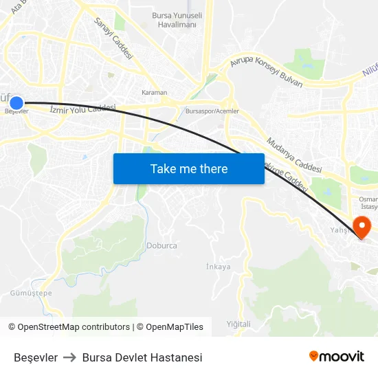 Beşevler to Bursa Devlet Hastanesi map