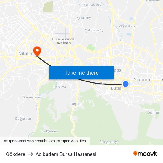 Gökdere to Acıbadem Bursa Hastanesi map