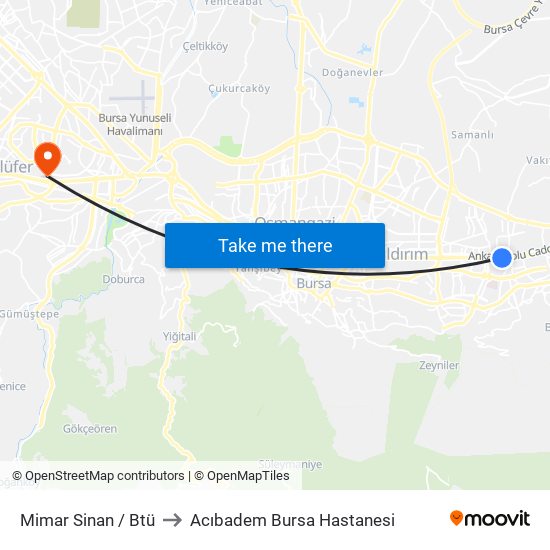 Mimar Sinan / Btü to Acıbadem Bursa Hastanesi map