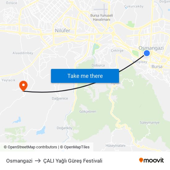 Osmangazi to ÇALI Yağlı Güreş Festivali map