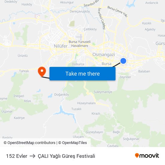 152 Evler to ÇALI Yağlı Güreş Festivali map