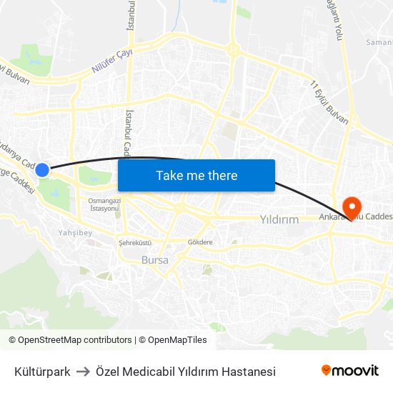 Kültürpark to Özel Medicabil Yıldırım Hastanesi map