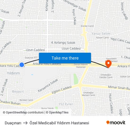 Duaçınarı to Özel Medicabil Yıldırım Hastanesi map