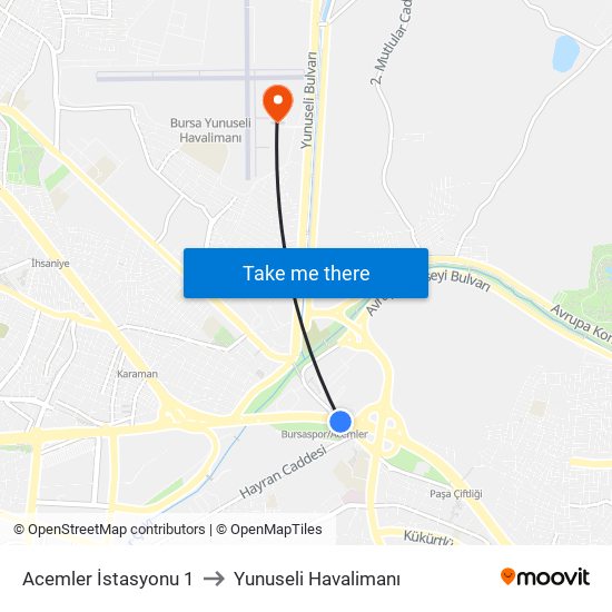 Acemler İstasyonu 1 to Yunuseli Havalimanı map