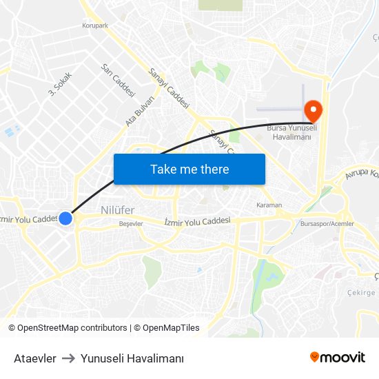 Ataevler to Yunuseli Havalimanı map