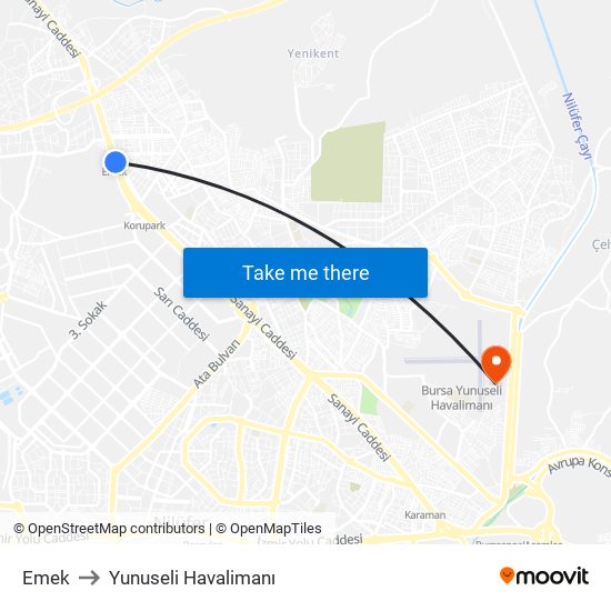 Emek to Yunuseli Havalimanı map