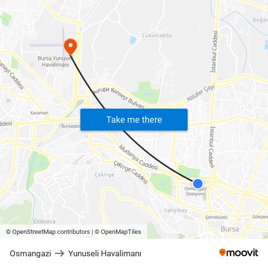 Osmangazi to Yunuseli Havalimanı map