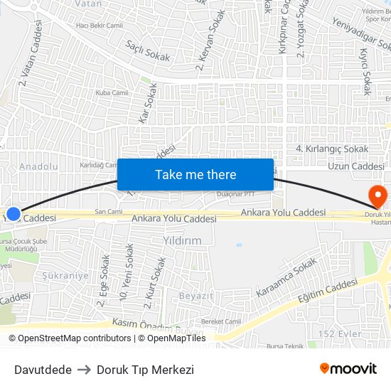Davutdede to Doruk Tıp Merkezi map