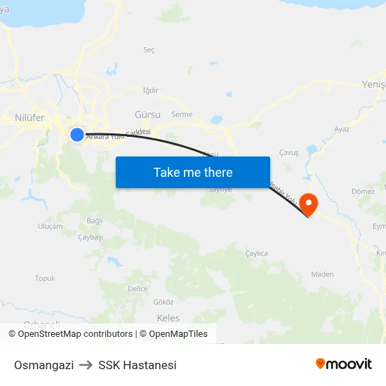 Osmangazi to SSK Hastanesi map