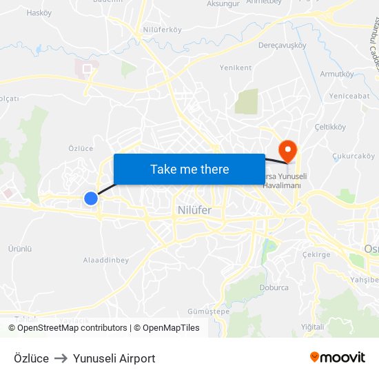 Özlüce to Yunuseli Airport map