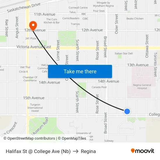Halifax St @ College Ave (Nb) to Regina map