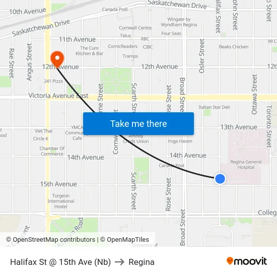 Halifax St @ 15th Ave (Nb) to Regina map