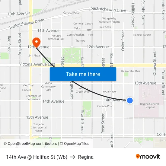 14th Ave @ Halifax St (Wb) to Regina map