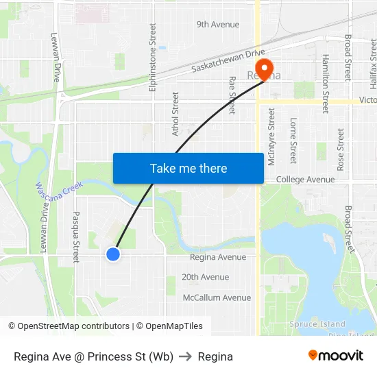 Regina Ave @ Princess St (Wb) to Regina map