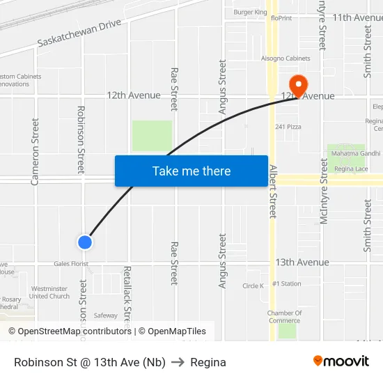 Robinson St @ 13th Ave (Nb) to Regina map