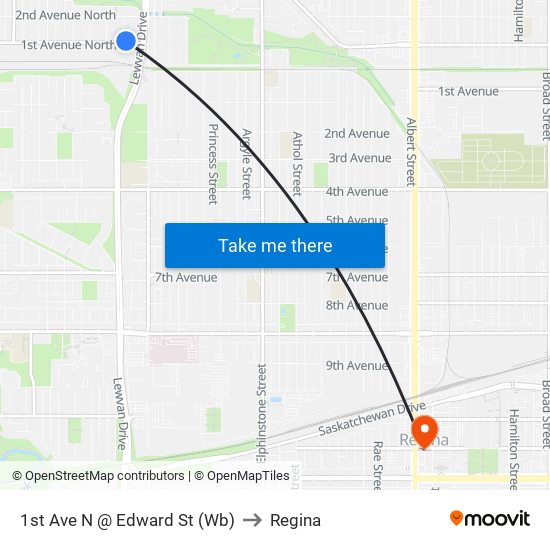 1st Ave N @ Edward St (Wb) to Regina map