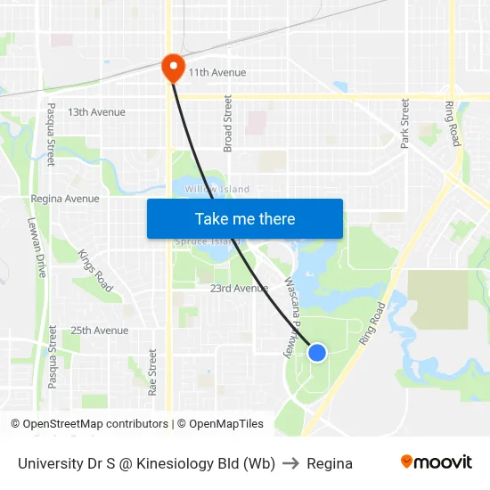 University Dr S @ Kinesiology Bld (Wb) to Regina map