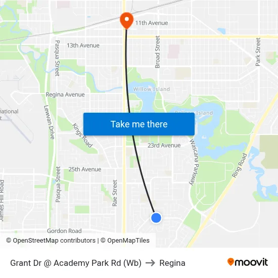 Grant Dr @ Academy Park Rd (Wb) to Regina map