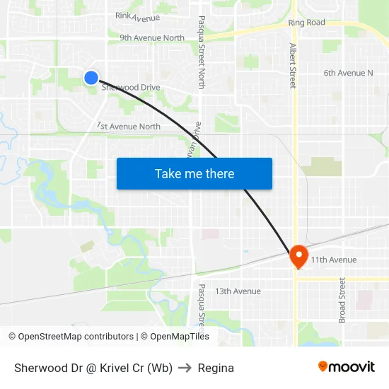 Sherwood Dr @ Krivel Cr (Wb) to Regina map