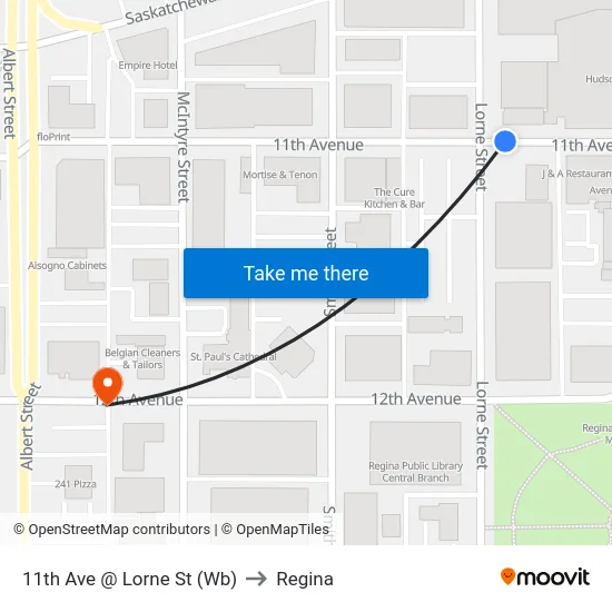 11th Ave @ Lorne St (Wb) to Regina map