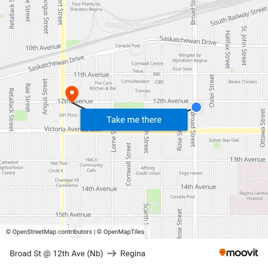 Broad St @ 12th Ave (Nb) to Regina map