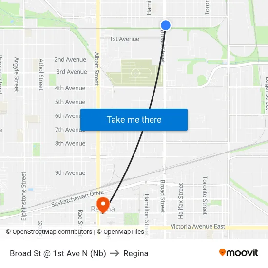 Broad St @ 1st Ave N (Nb) to Regina map