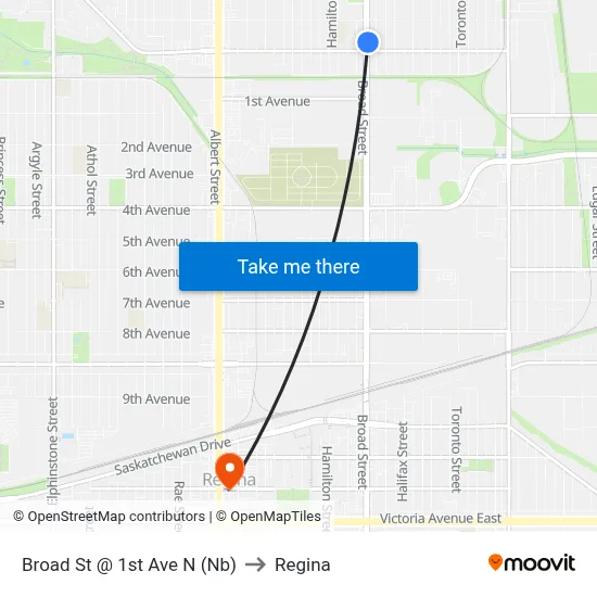 Broad St @ 1st Ave N (Nb) to Regina map