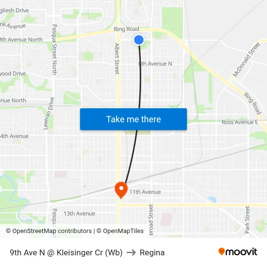 9th Ave N @ Kleisinger Cr (Wb) to Regina map